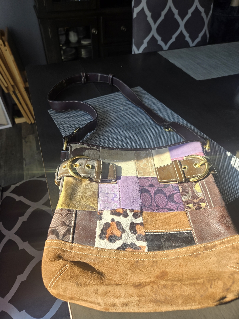 Coach Patchwork Crossbody Bag in Brown, Purple and Gold
